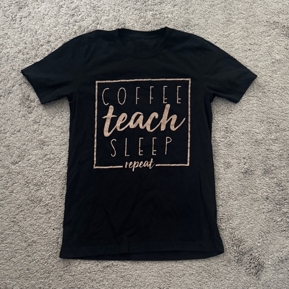 Black Graphic Tee with Coffee Teach Sleep Print